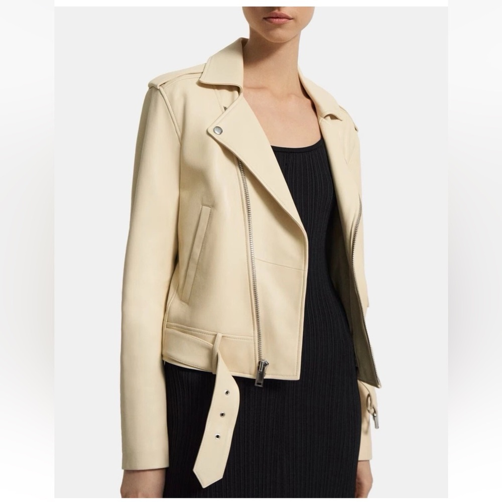 Theory Casual Moto Supple Lamb Leather Moto Jacket Small Parchment Quiet Luxury